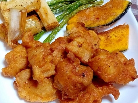 野菜も一緒に唐揚げ粉を使った唐揚げ盛り合わせ